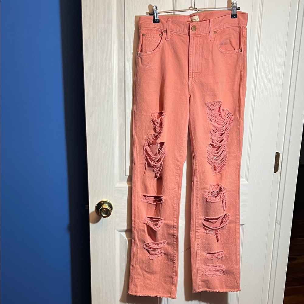 Alice + Olivia Soft Pink Straight Leg Distressed Jean
